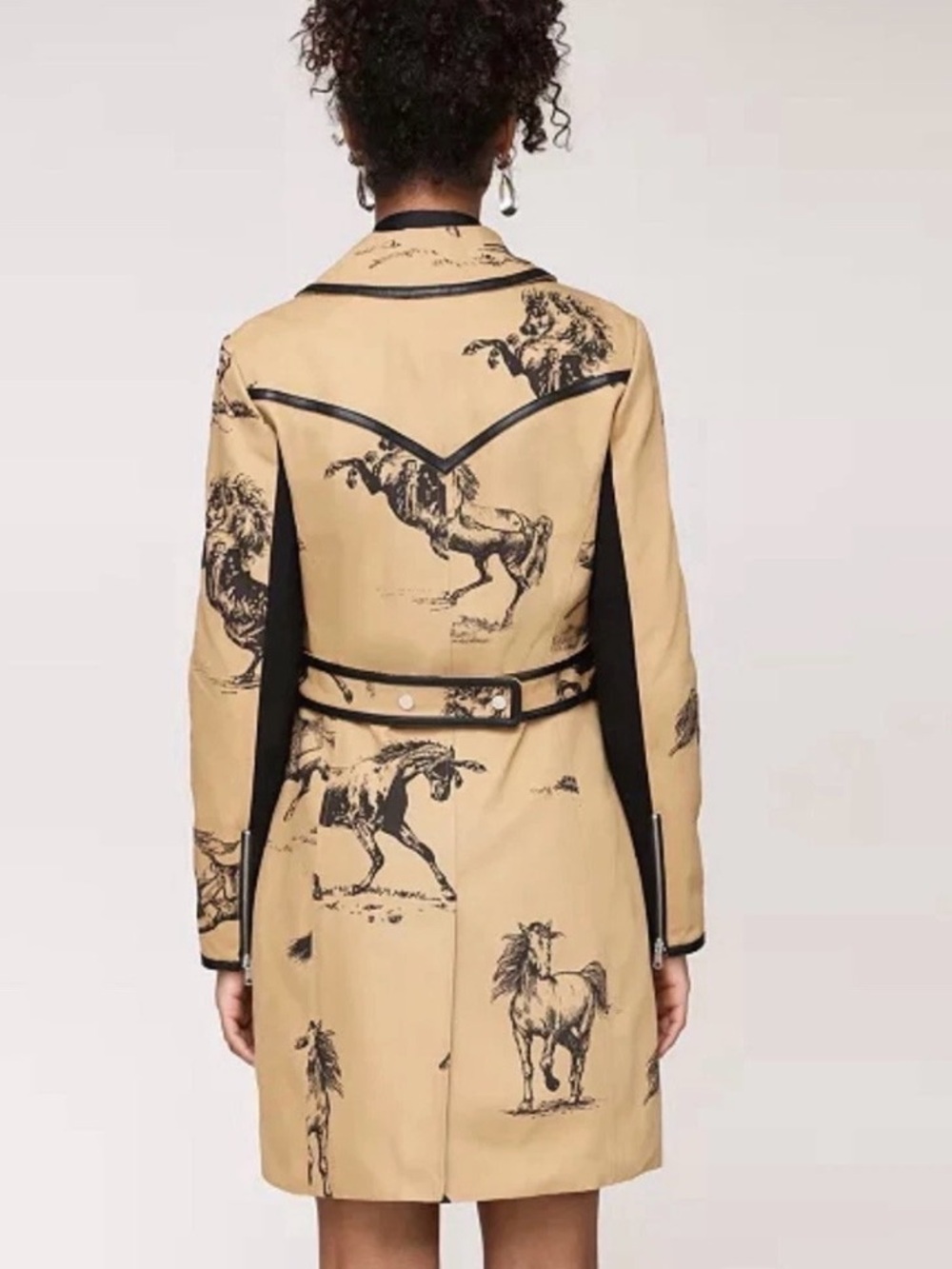 Avec Les Filles Tan Trench Coat with Black Horse Print - Size S - Picture 6 of 8